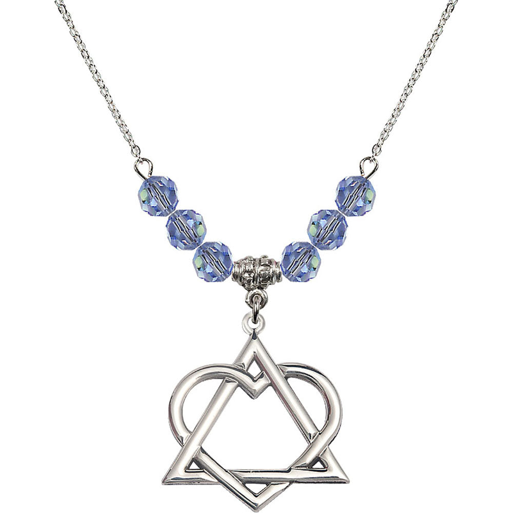 Sterling Silver Adoption Heart Birthstone Necklace with Light Sapphire Beads - 6210