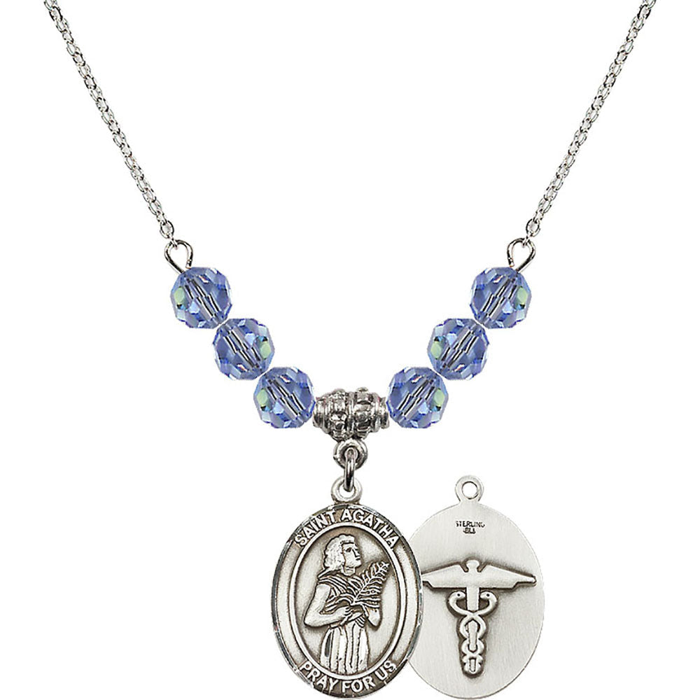 Sterling Silver Saint Agatha / Nurse Birthstone Necklace with Light Sapphire Beads - 8003