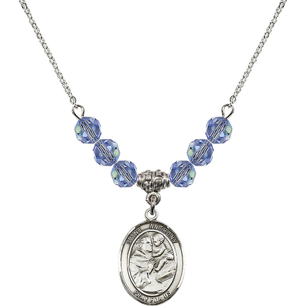 Sterling Silver Saint Anthony of Padua Birthstone Necklace with Light Sapphire Beads - 8004