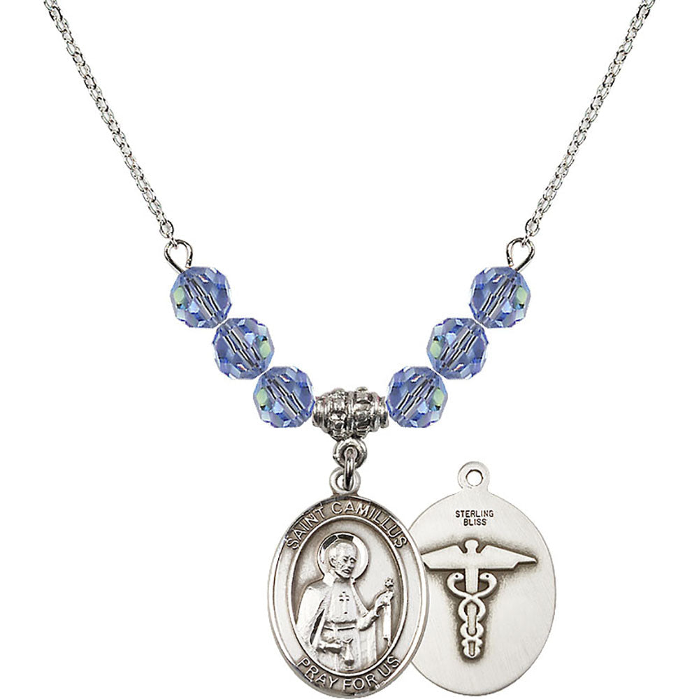 Sterling Silver Saint Camillus of Lellis / Nurse Birthstone Necklace with Light Sapphire Beads - 8019