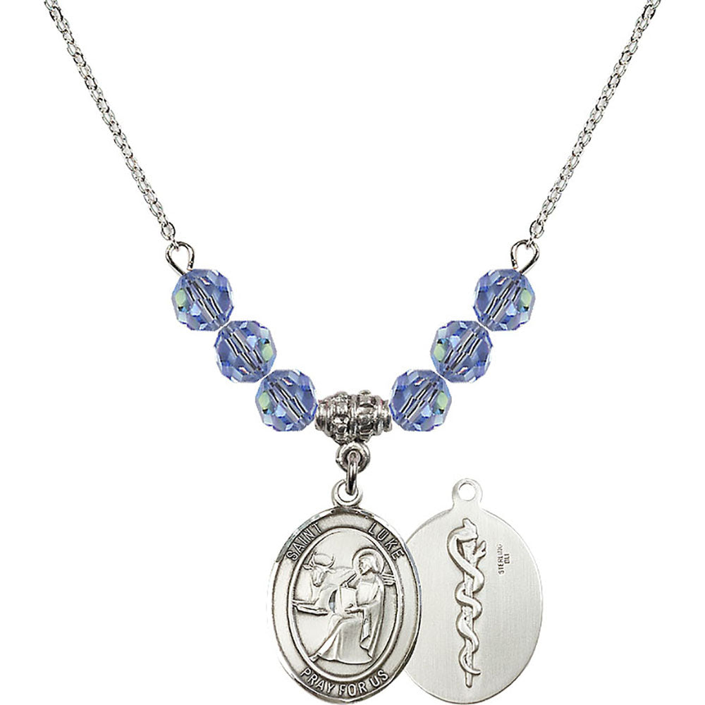 Sterling Silver Saint Luke the Apostle / Doctor Birthstone Necklace with Light Sapphire Beads - 8068