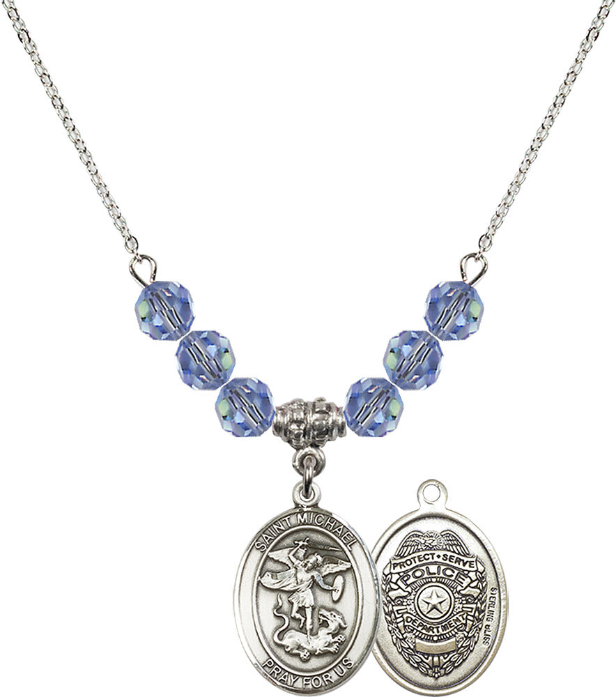 Sterling Silver Saint Michael / Policeman Birthstone Necklace with Light Sapphire Beads - 8076
