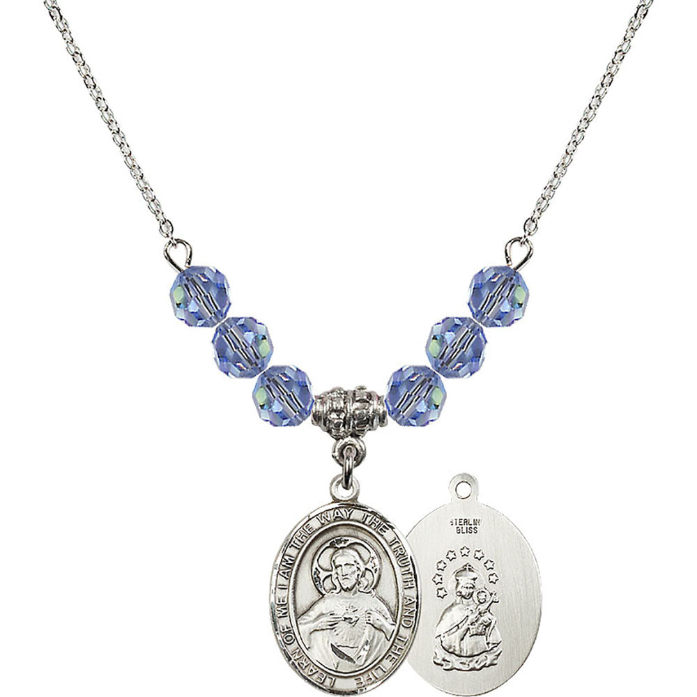 Sterling Silver Scapular Birthstone Necklace with Light Sapphire Beads - 8098