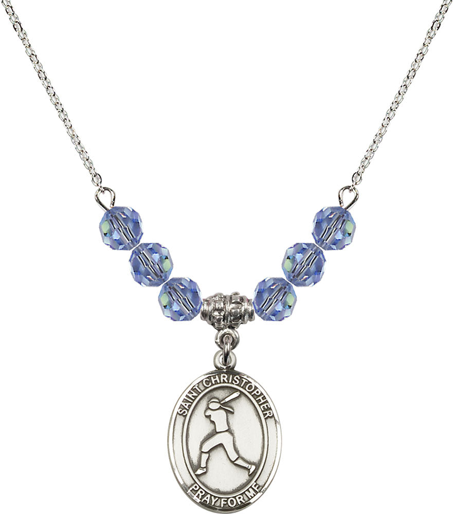 Sterling Silver Saint Christopher/Softball Birthstone Necklace with Light Sapphire Beads - 8145