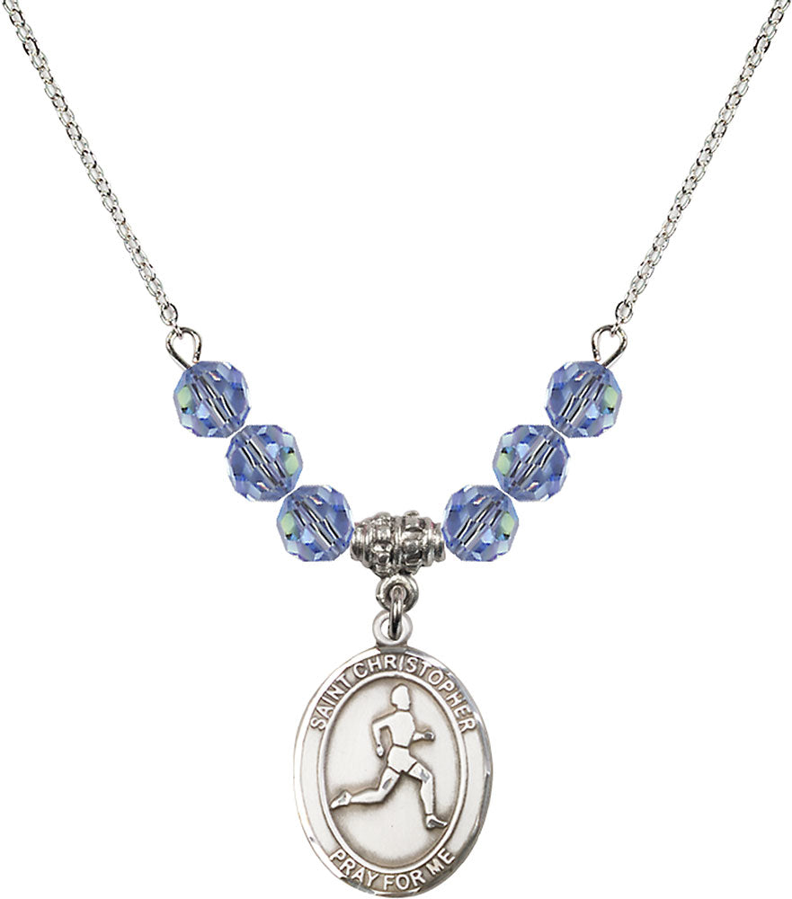 Sterling Silver Saint Christopher/Track & Field Birthstone Necklace with Light Sapphire Beads - 8149