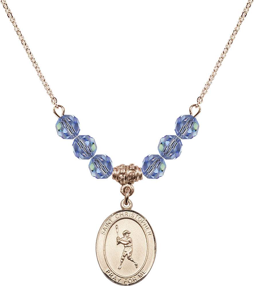 14kt Gold Filled Saint Christopher/Baseball Birthstone Necklace with Light Sapphire Beads - 8150