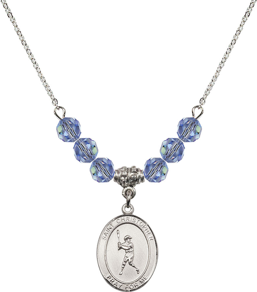 Sterling Silver Saint Christopher/Baseball Birthstone Necklace with Light Sapphire Beads - 8150