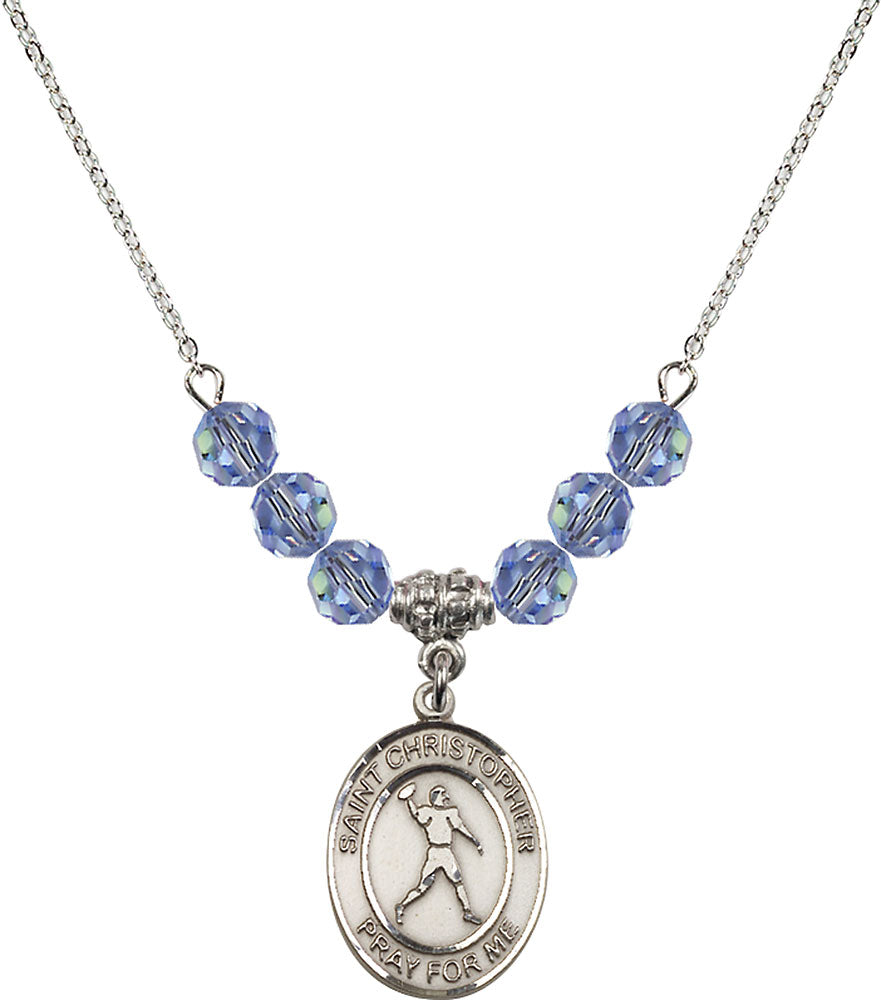 Sterling Silver Saint Christopher/Football Birthstone Necklace with Light Sapphire Beads - 8151