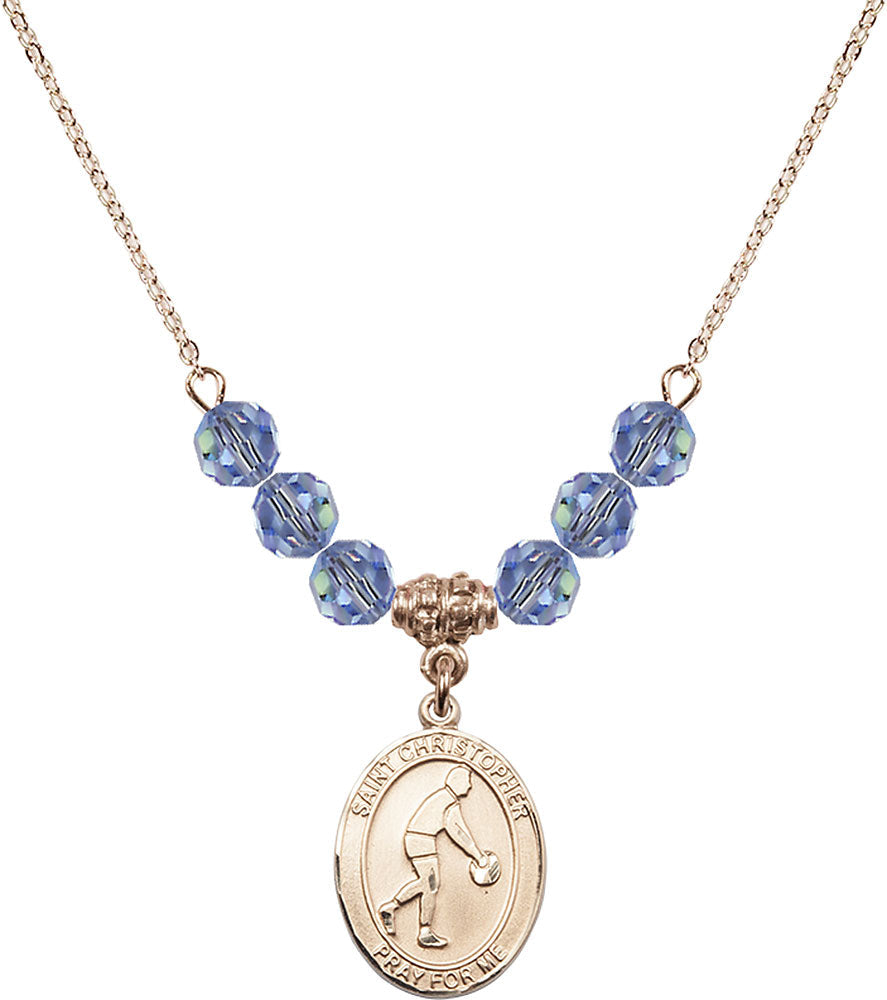 14kt Gold Filled Saint Christopher/Basketball Birthstone Necklace with Light Sapphire Beads - 8153