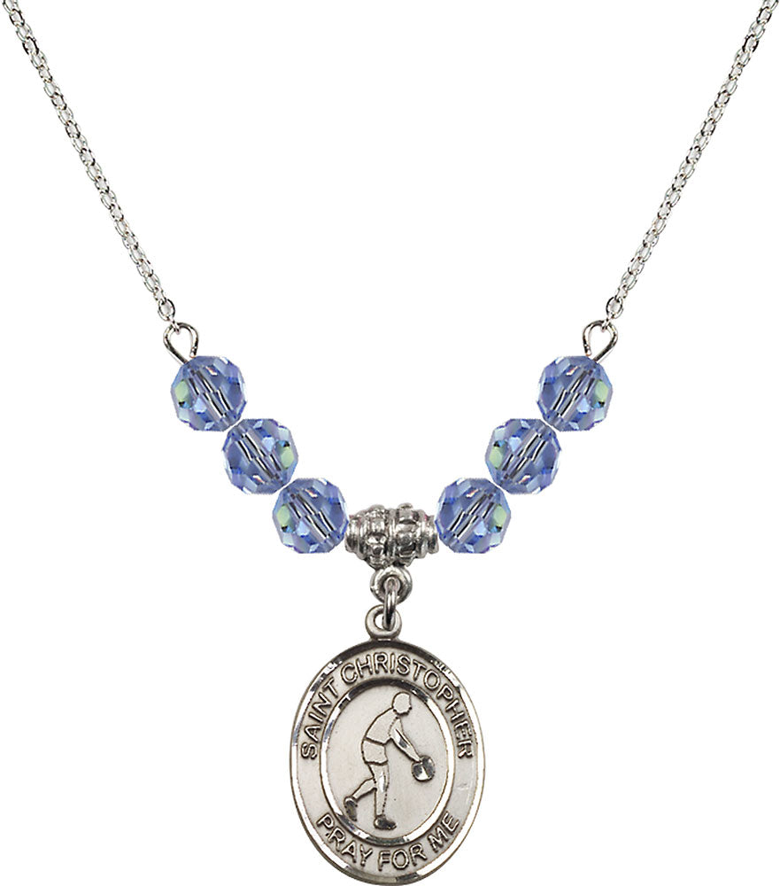 Sterling Silver Saint Christopher/Basketball Birthstone Necklace with Light Sapphire Beads - 8153