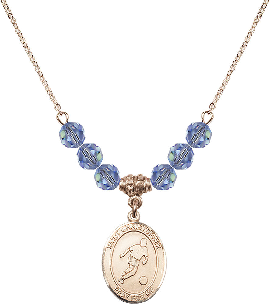 14kt Gold Filled Saint Christopher/Soccer Birthstone Necklace with Light Sapphire Beads - 8154