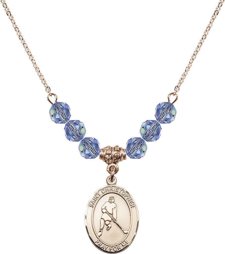 14kt Gold Filled Saint Christopher/Ice Hockey Birthstone Necklace with Light Sapphire Beads - 8155