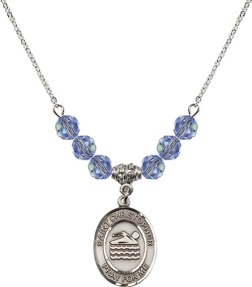 Sterling Silver Saint Christopher/Swimming Birthstone Necklace with Light Sapphire Beads - 8157