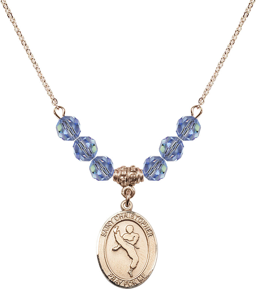 14kt Gold Filled Saint Christopher/Martial Arts Birthstone Necklace with Light Sapphire Beads - 8158