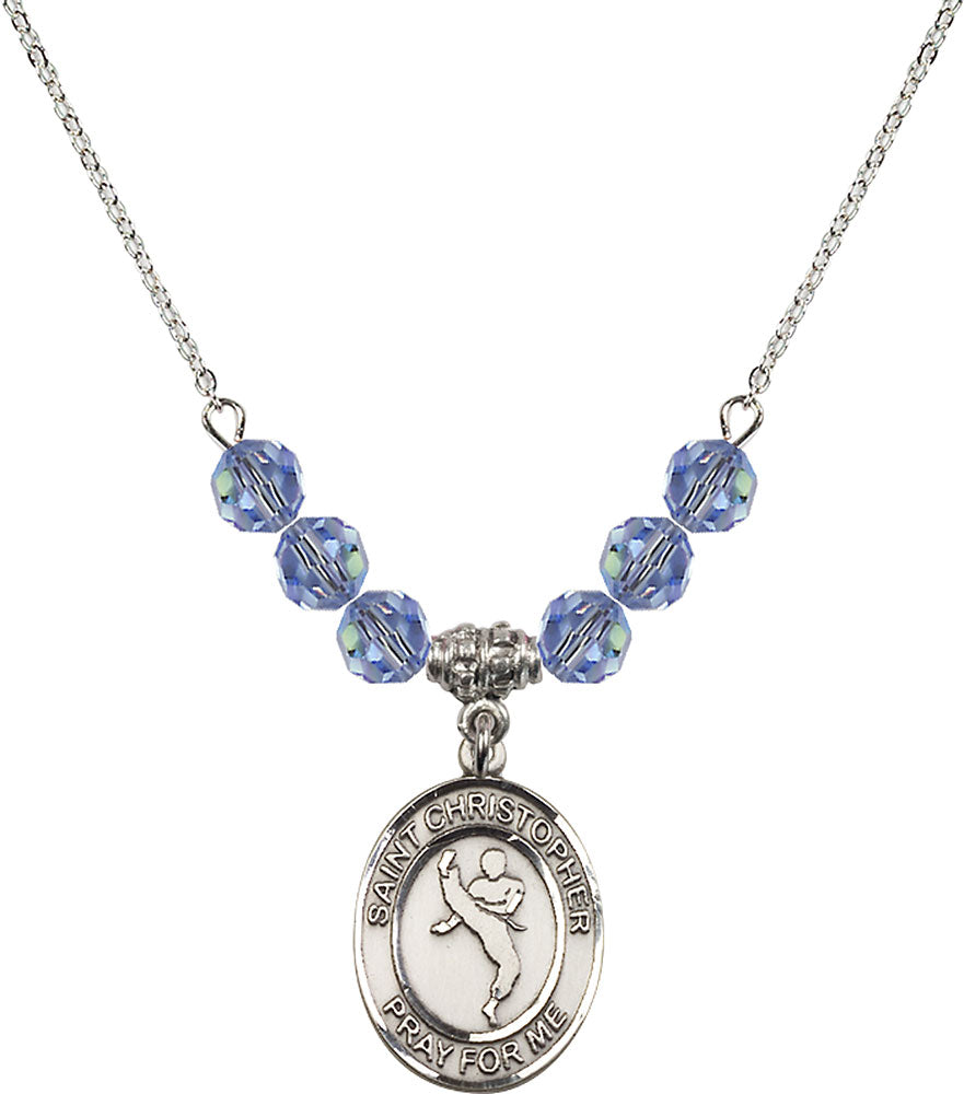 Sterling Silver Saint Christopher/Martial Arts Birthstone Necklace with Light Sapphire Beads - 8158