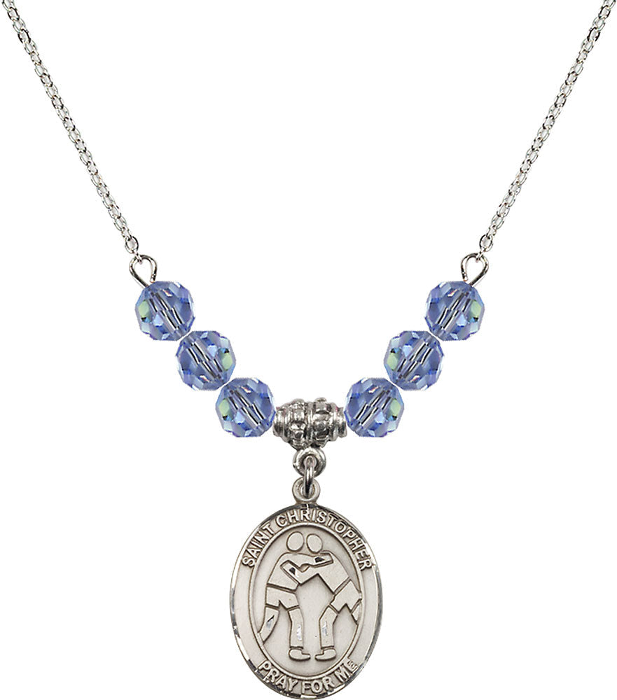 Sterling Silver Saint Christopher/Wrestling Birthstone Necklace with Light Sapphire Beads - 8159