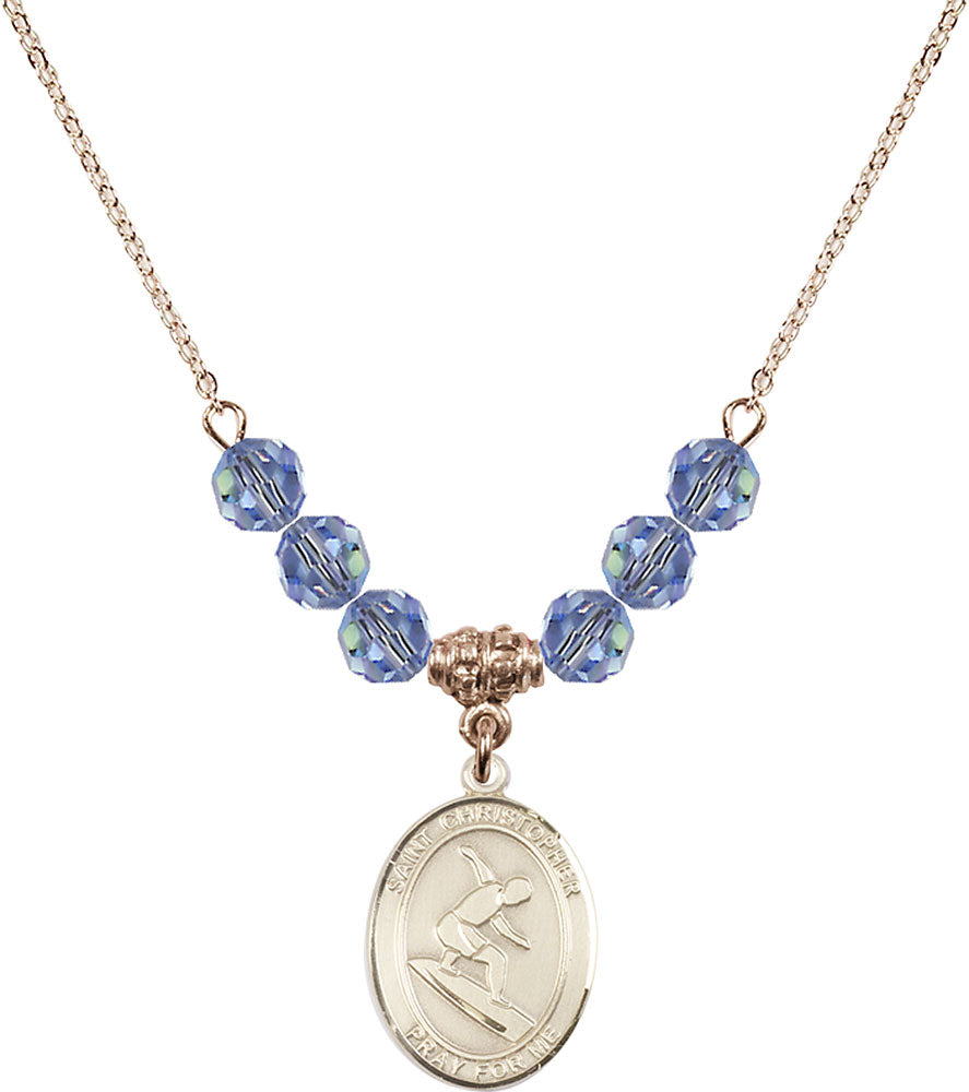 14kt Gold Filled Saint Christopher/Surfing Birthstone Necklace with Light Sapphire Beads - 8184