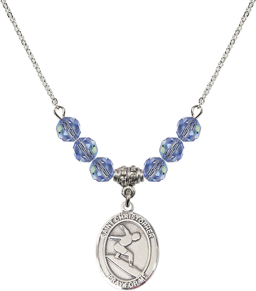 Sterling Silver Saint Christopher/Surfing Birthstone Necklace with Light Sapphire Beads - 8184