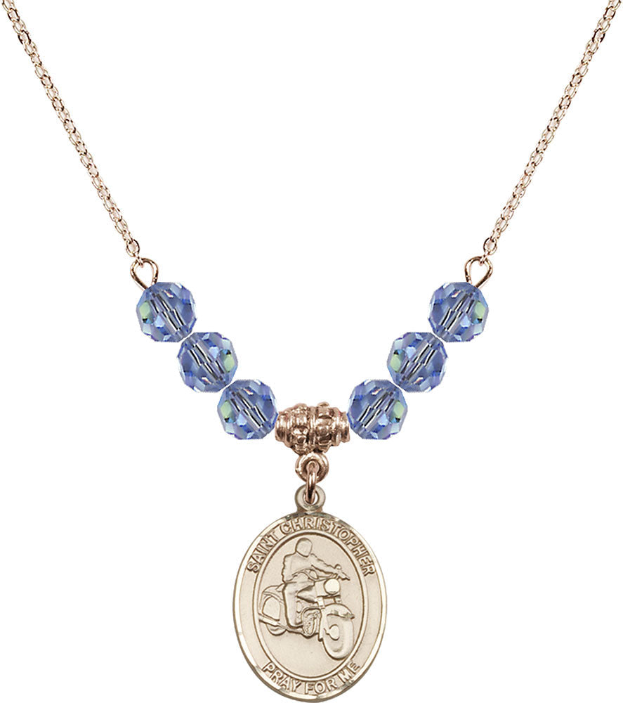 14kt Gold Filled Saint Christopher/Motorcycle Birthstone Necklace with Light Sapphire Beads - 8185