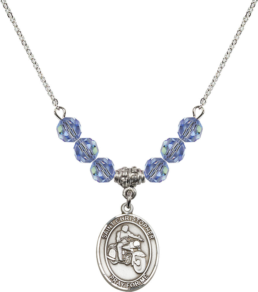 Sterling Silver Saint Christopher/Motorcycle Birthstone Necklace with Light Sapphire Beads - 8185