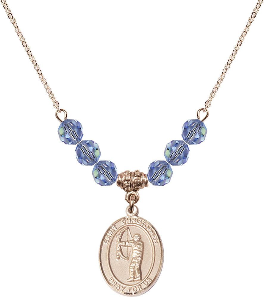 14kt Gold Filled Saint Christopher/Archery Birthstone Necklace with Light Sapphire Beads - 8190