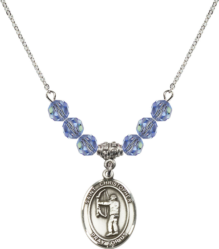 Sterling Silver Saint Christopher/Archery Birthstone Necklace with Light Sapphire Beads - 8190