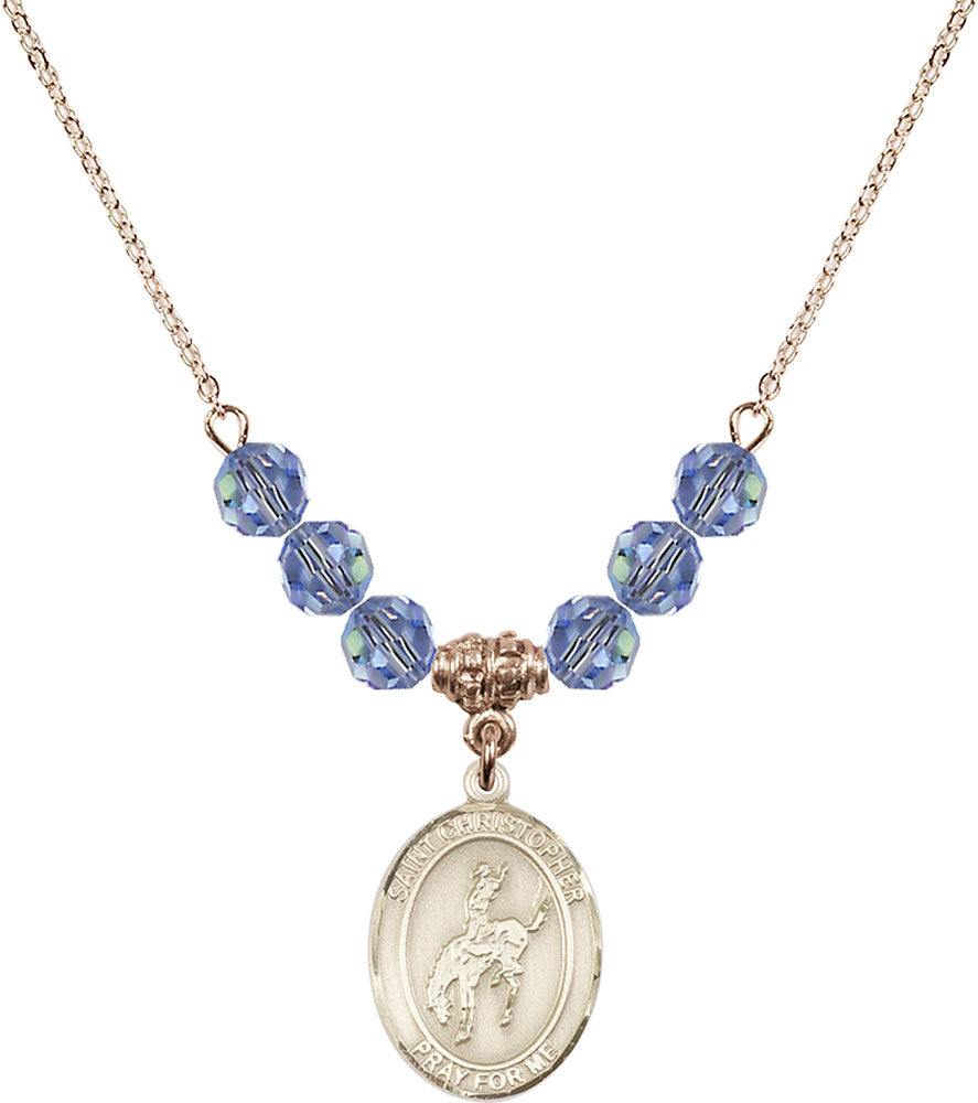 14kt Gold Filled Saint Christopher / Rodeo Birthstone Necklace with Light Sapphire Beads - 8192