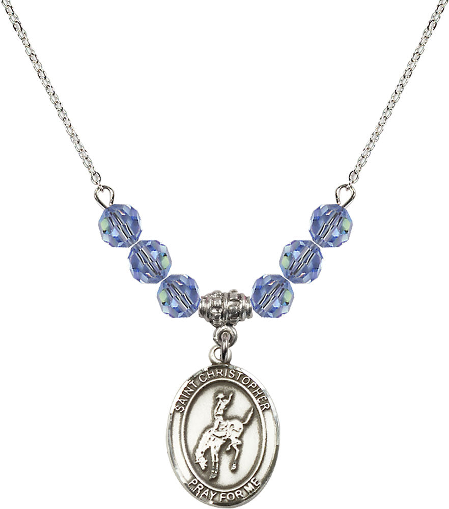 Sterling Silver Saint Christopher / Rodeo Birthstone Necklace with Light Sapphire Beads - 8192