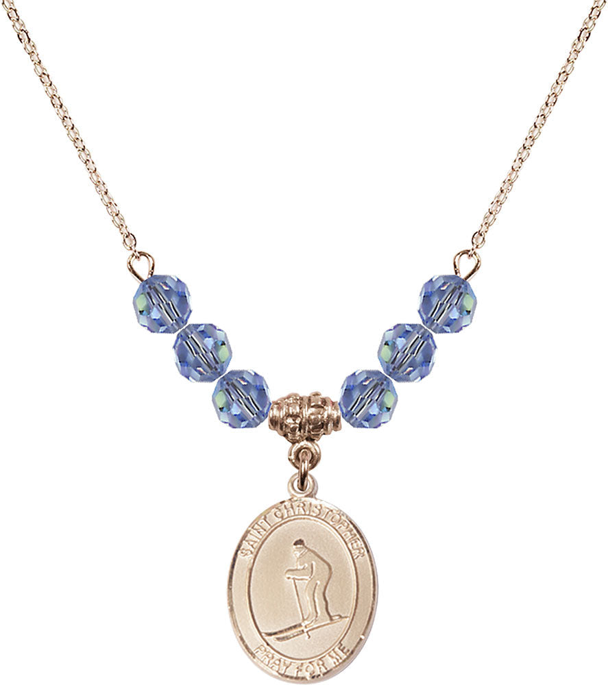 14kt Gold Filled Saint Christopher / Skiing Birthstone Necklace with Light Sapphire Beads - 8193
