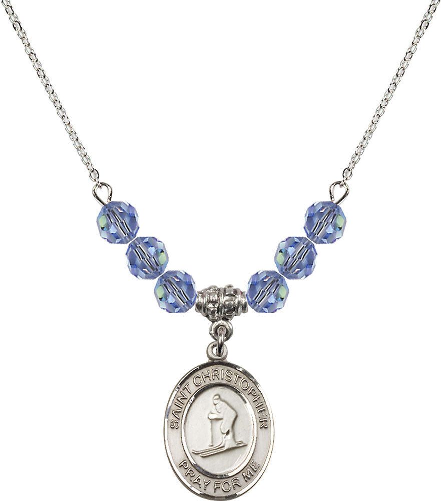 Sterling Silver Saint Christopher / Skiing Birthstone Necklace with Light Sapphire Beads - 8193