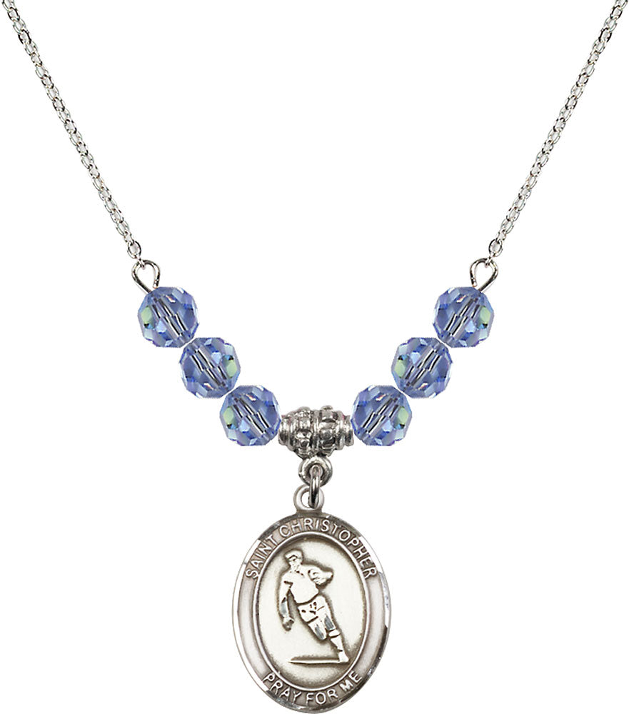 Sterling Silver Saint Christopher / Rugby Birthstone Necklace with Light Sapphire Beads - 8194