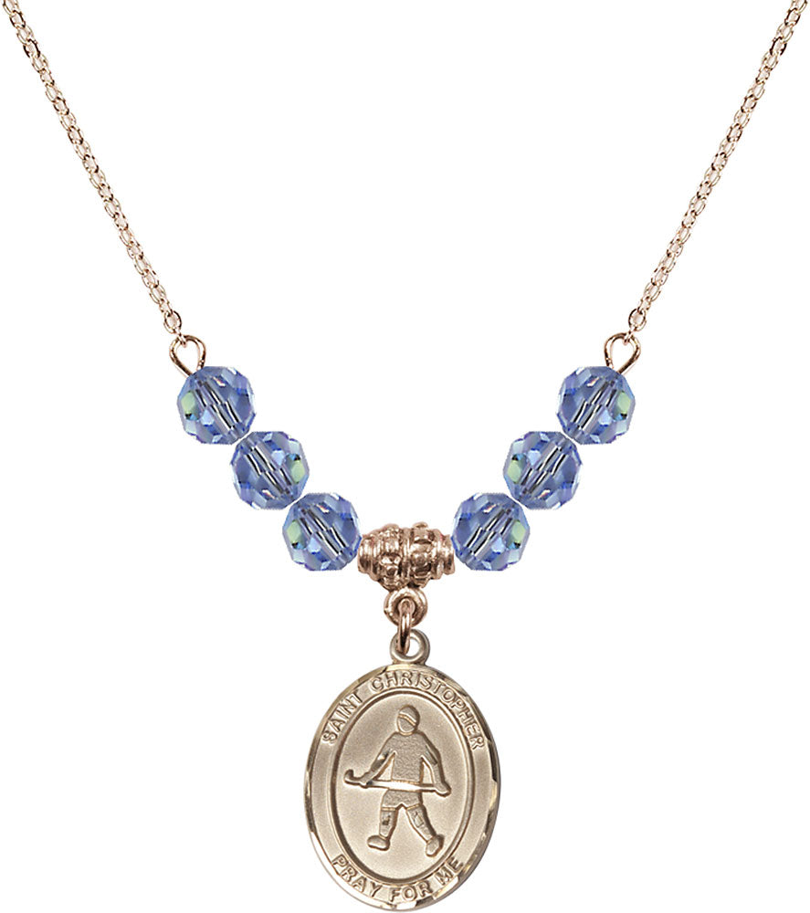 14kt Gold Filled Saint Christopher / Field Hockey Birthstone Necklace with Light Sapphire Beads - 8195