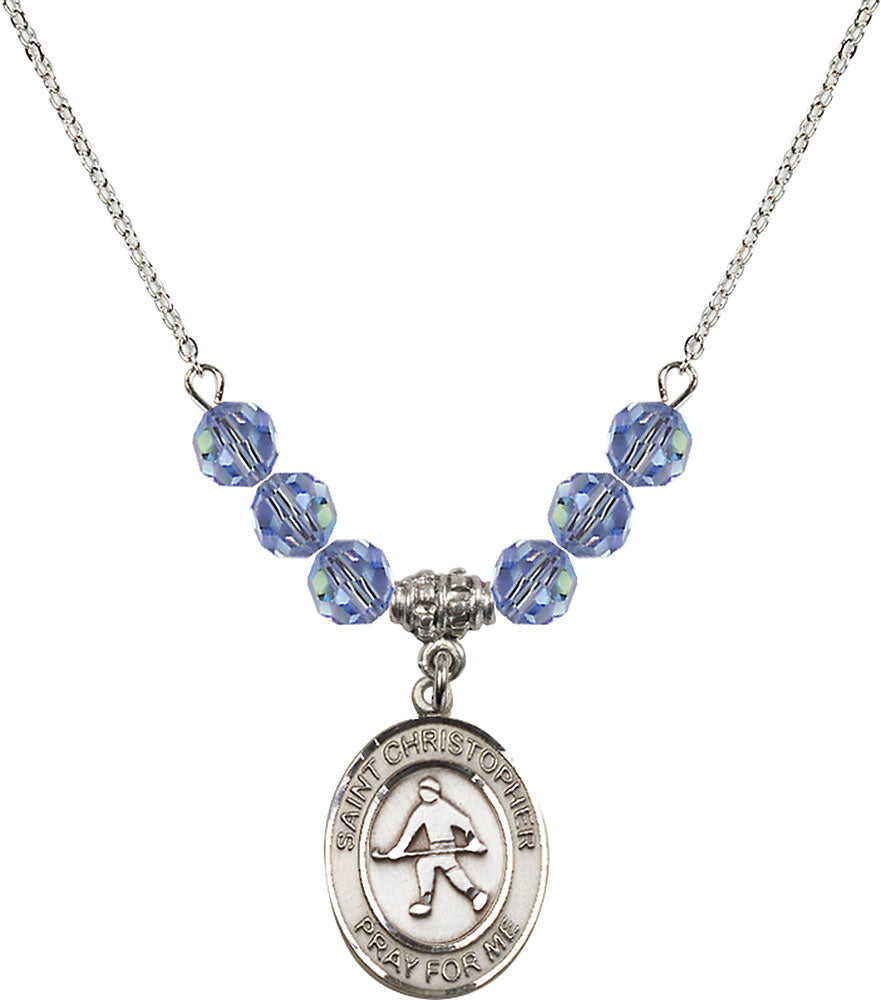 Sterling Silver Saint Christopher / Field Hockey Birthstone Necklace with Light Sapphire Beads - 8195