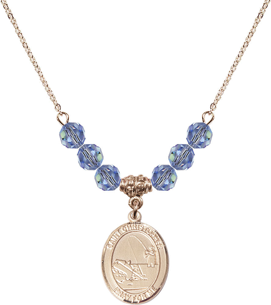 14kt Gold Filled Saint Christopher / Fishing Birthstone Necklace with Light Sapphire Beads - 8196