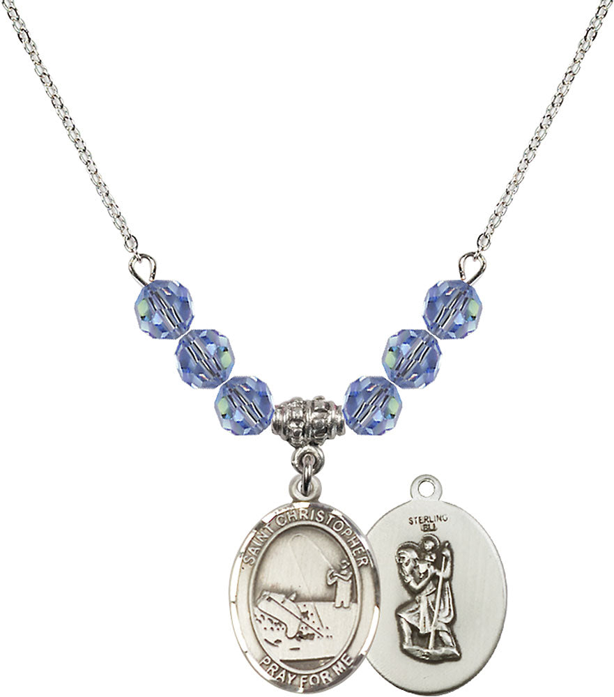 Sterling Silver Saint Christopher / Fishing Birthstone Necklace with Light Sapphire Beads - 8196