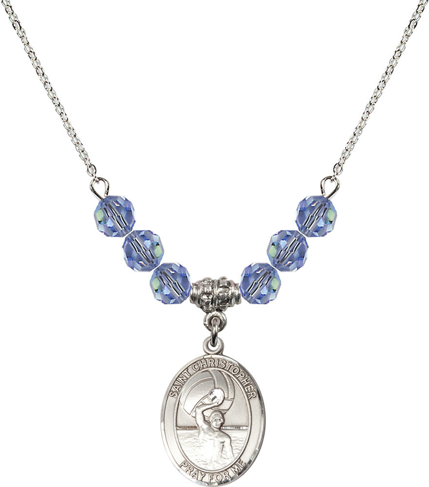 Sterling Silver Saint Christopher/Water Polo-Men Birthstone Necklace with Light Sapphire Beads - 8198