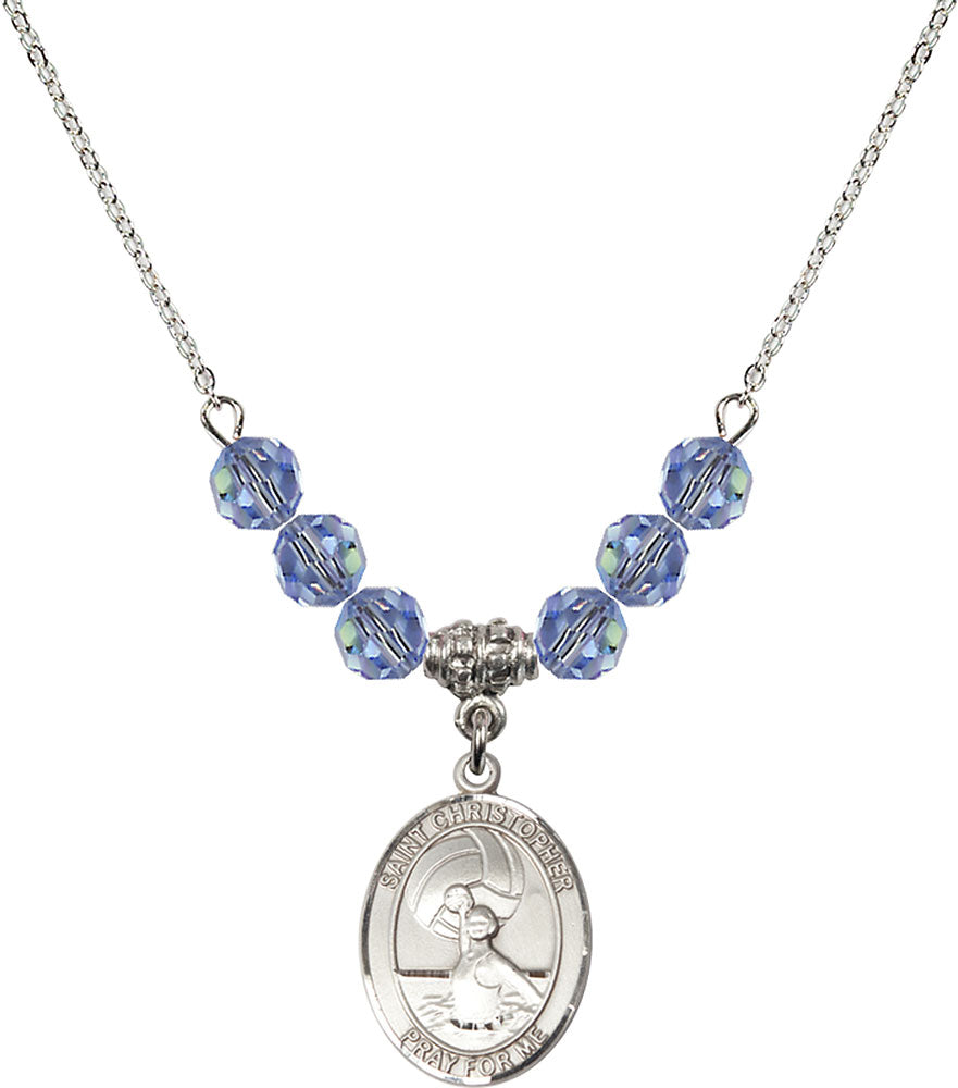Sterling Silver Saint Christopher/Water Polo-Women Birthstone Necklace with Light Sapphire Beads - 8199