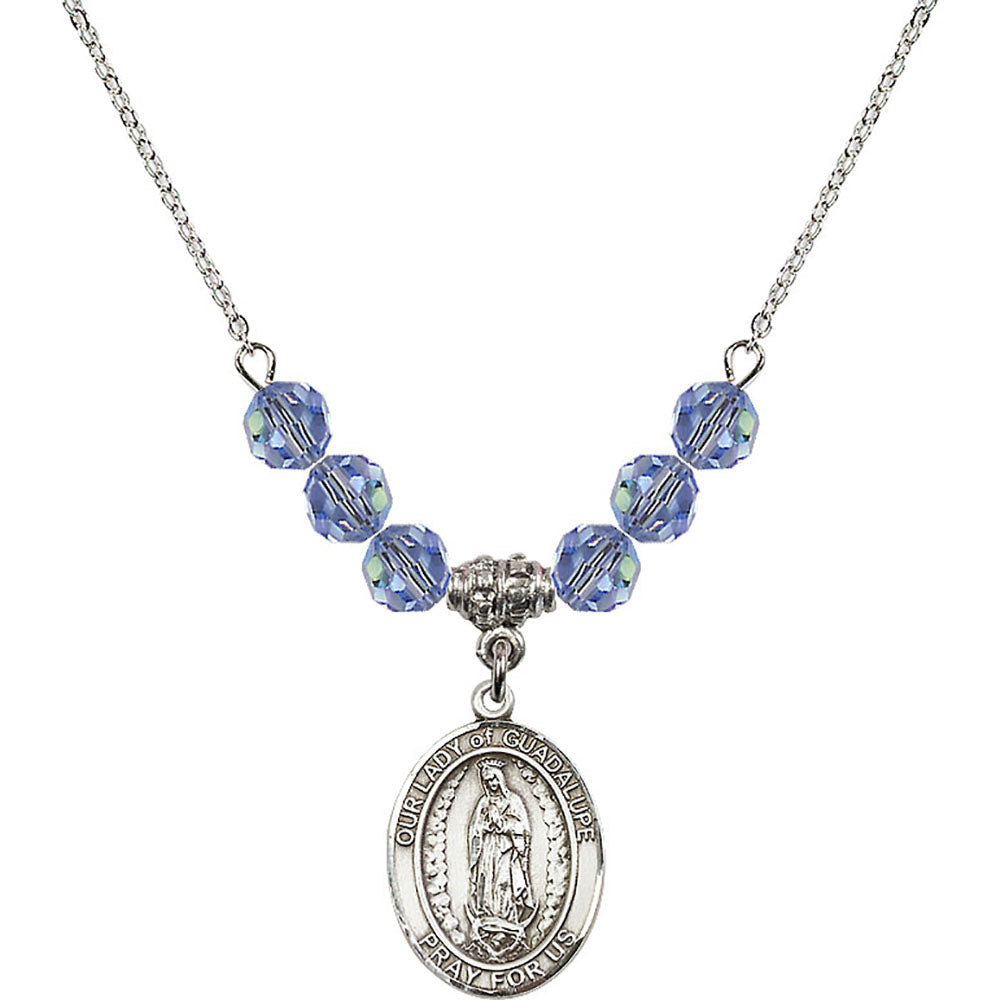 Sterling Silver Our Lady of Guadalupe Birthstone Necklace with Light Sapphire Beads - 8206
