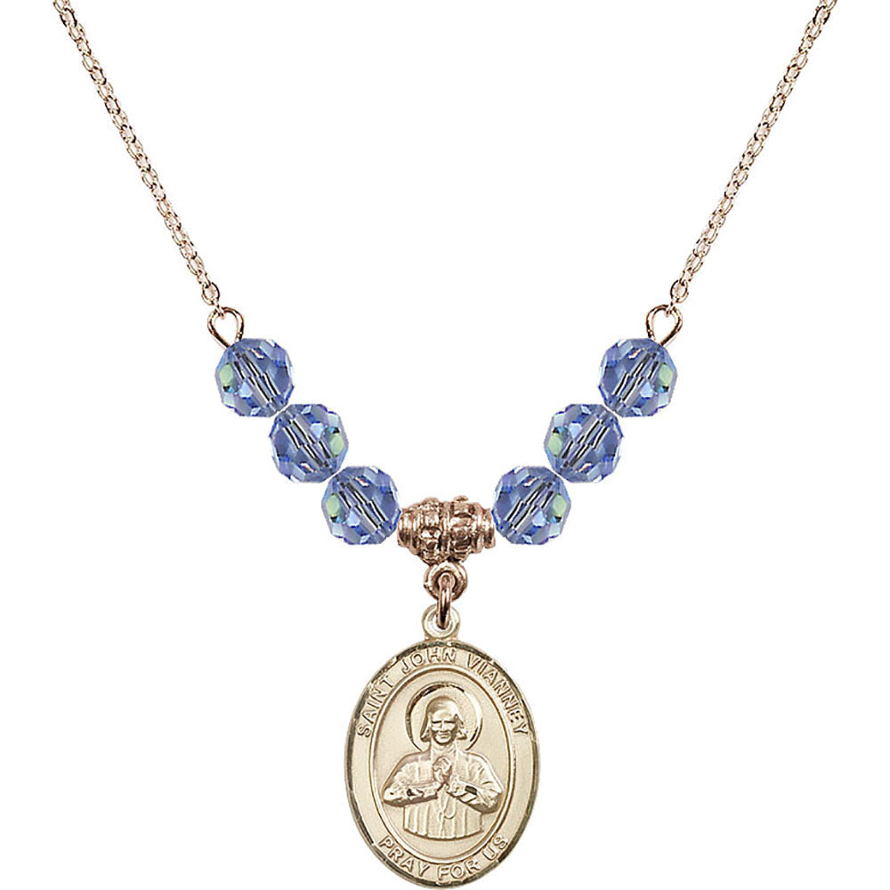 14kt Gold Filled Saint John Vianney Birthstone Necklace with Light Sapphire Beads - 8282