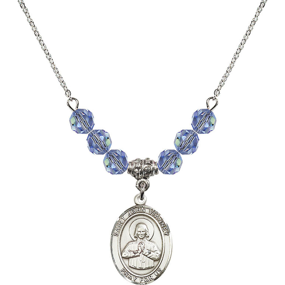 Sterling Silver Saint John Vianney Birthstone Necklace with Light Sapphire Beads - 8282