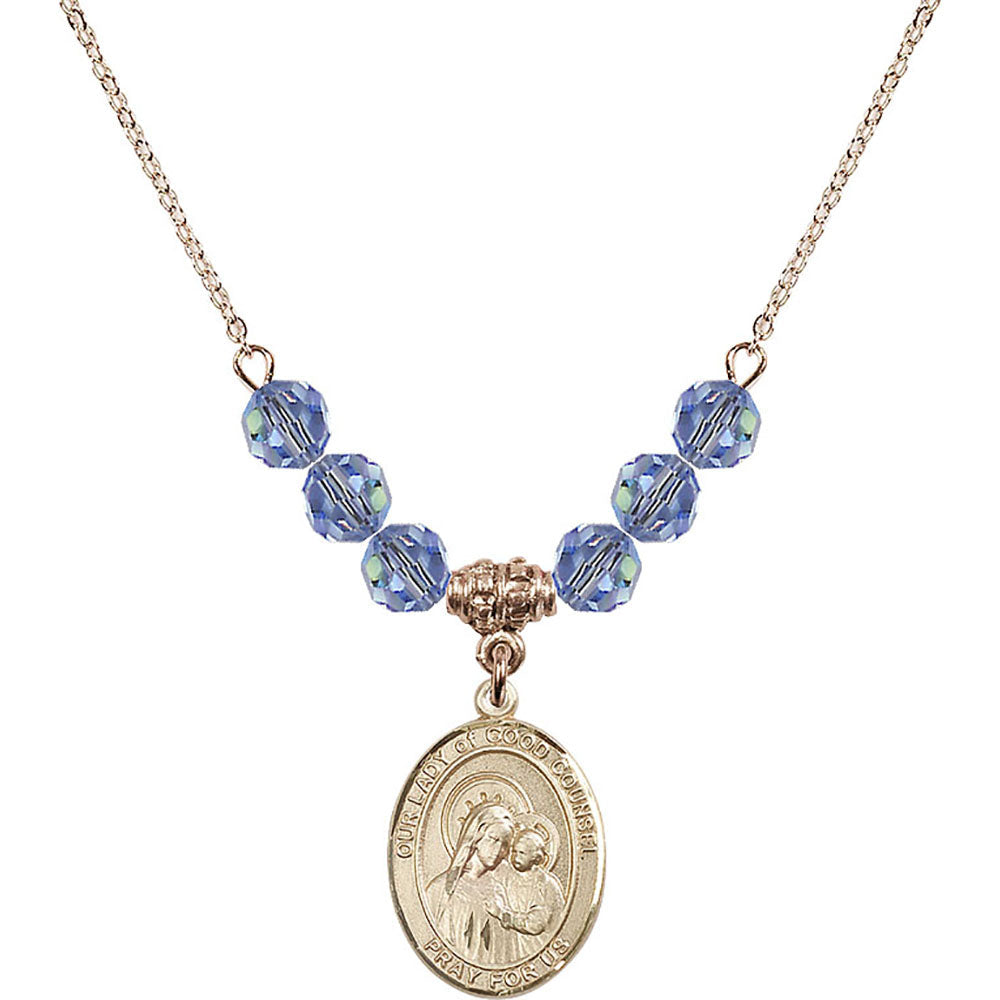 14kt Gold Filled Our Lady of Good Counsel Birthstone Necklace with Light Sapphire Beads - 8287