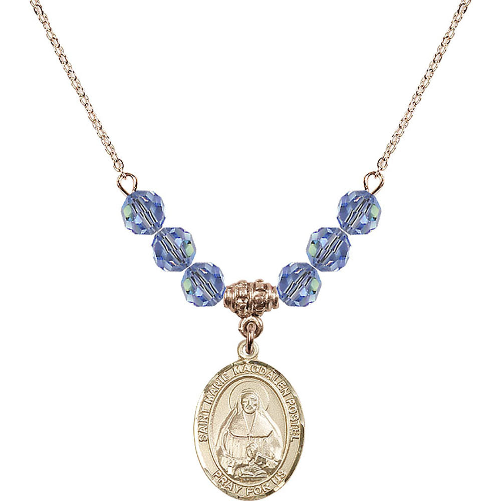 14kt Gold Filled Saint Marie Magdalen Postel Birthstone Necklace with Light Sapphire Beads - 8294