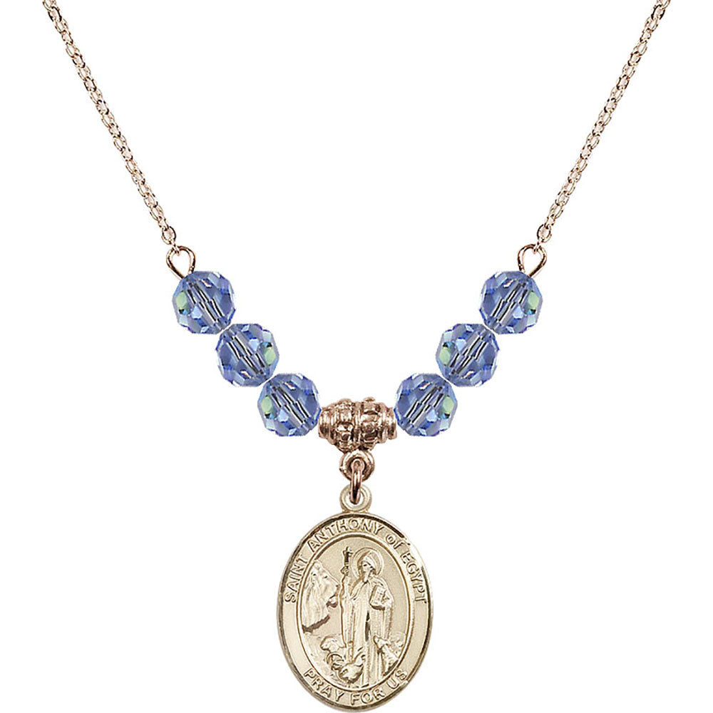 14kt Gold Filled Saint Anthony of Egypt Birthstone Necklace with Light Sapphire Beads - 8317