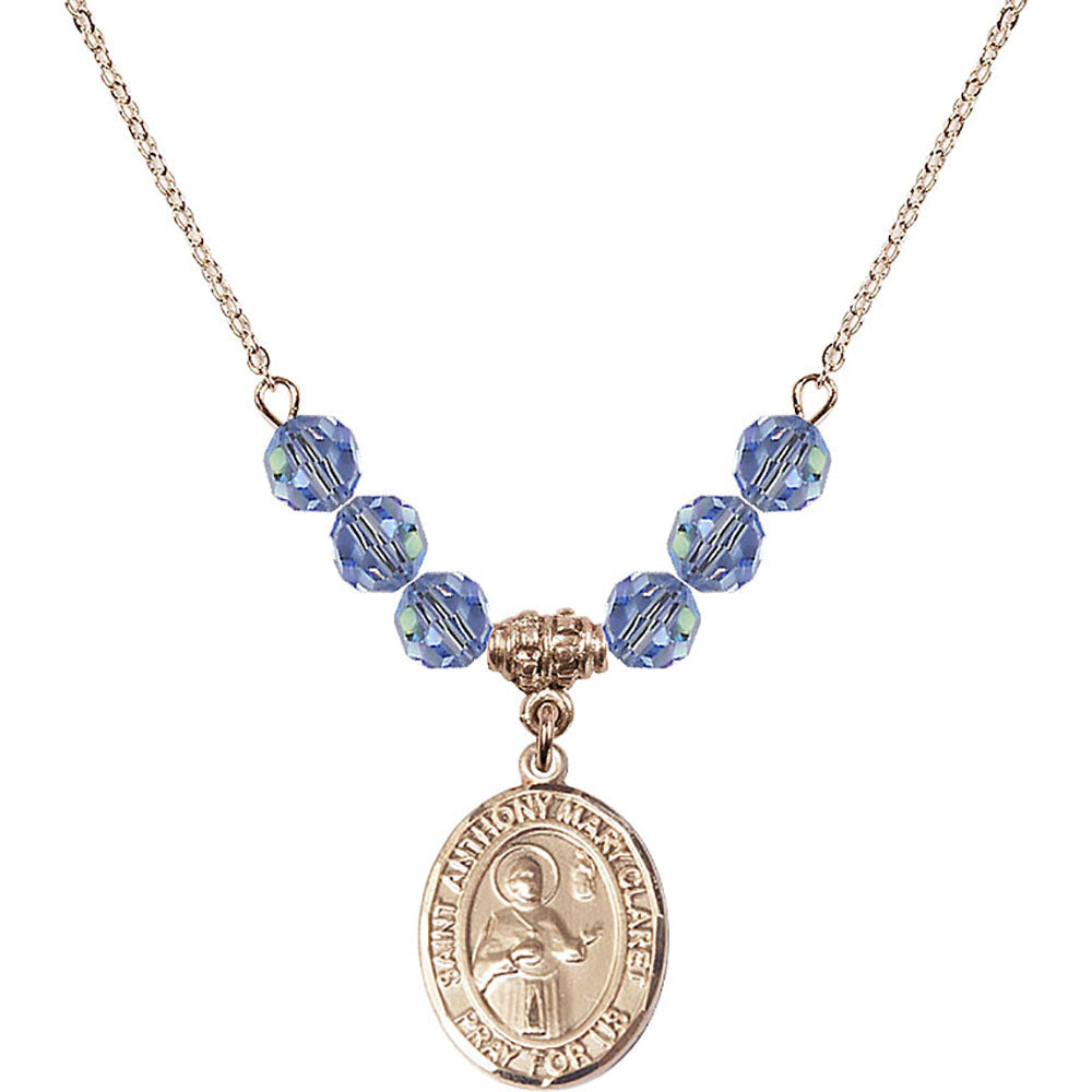14kt Gold Filled Saint Anthony Mary Claret Birthstone Necklace with Light Sapphire Beads - 8416