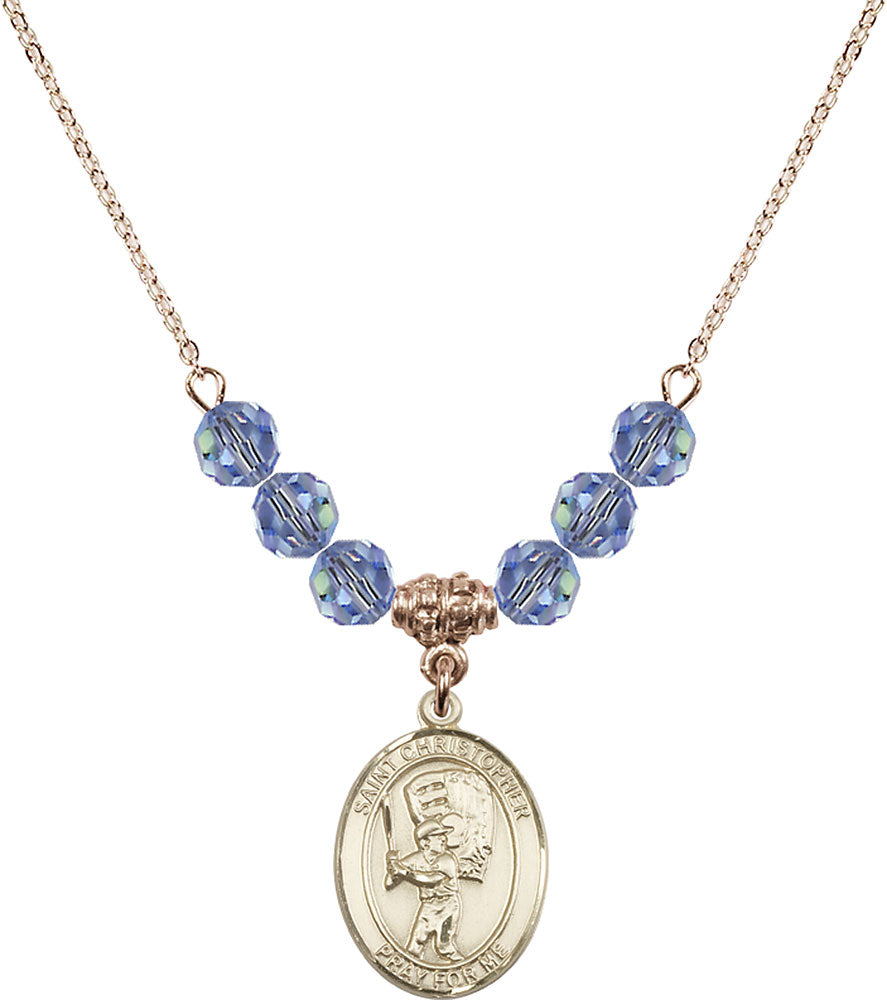 14kt Gold Filled Saint Christopher/Baseball Birthstone Necklace with Light Sapphire Beads - 8500