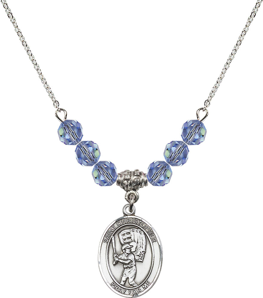 Sterling Silver Saint Christopher/Baseball Birthstone Necklace with Light Sapphire Beads - 8500