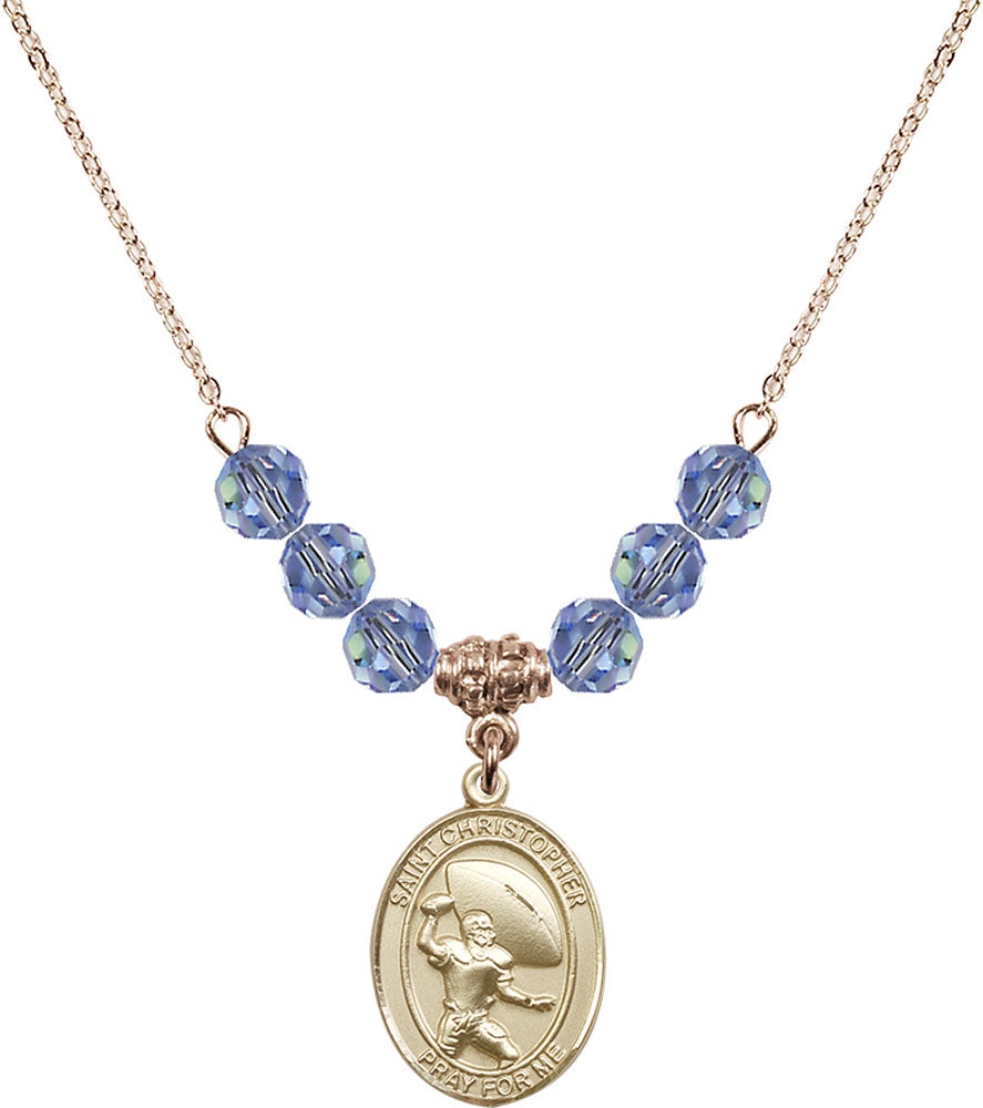14kt Gold Filled Saint Christopher / Football Birthstone Necklace with Light Sapphire Beads - 8501