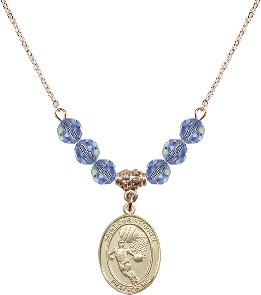 14kt Gold Filled Saint Christopher/Basketball Birthstone Necklace with Light Sapphire Beads - 8502