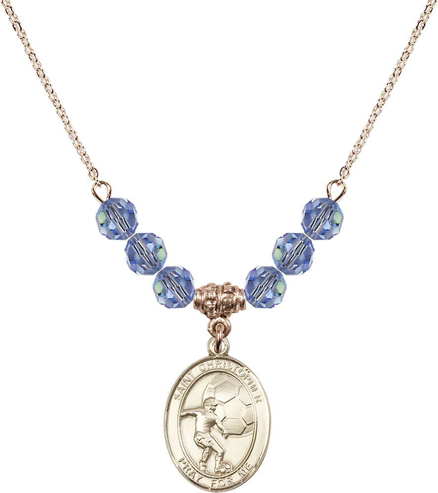 14kt Gold Filled Saint Christopher/Soccer Birthstone Necklace with Light Sapphire Beads - 8503