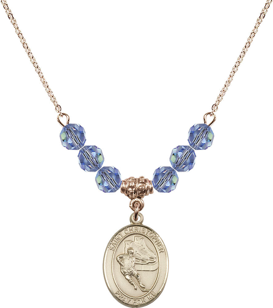 14kt Gold Filled Saint Christopher/Hockey Birthstone Necklace with Light Sapphire Beads - 8504